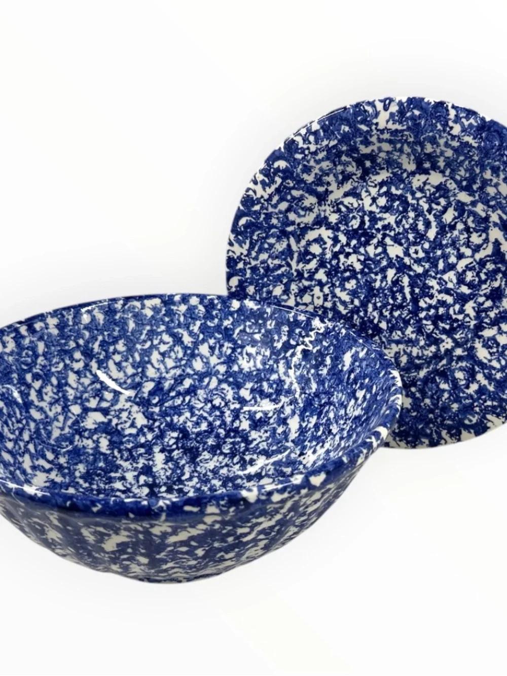 Vintage ISG Italy Blue Spongeware Pasta Bowl & Dinner Plate Set 10.5” Stoneware